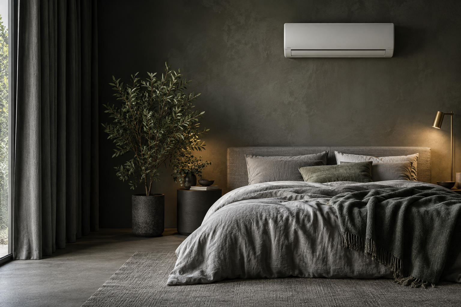 A calm contemporary bedroom with a wall-mounted air conditioning unit